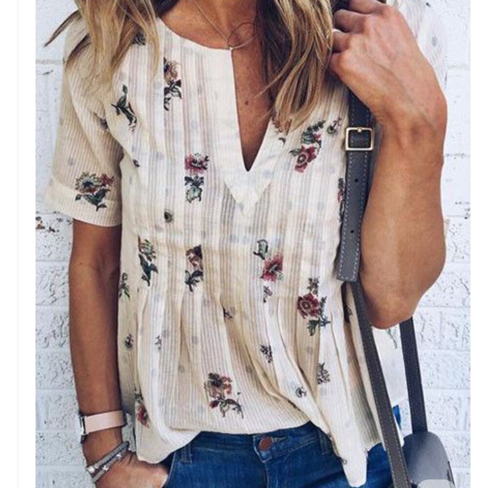 Maeve Anthropologie Womens Floral Cotton Pleated Top Size 6 Airy Neutral